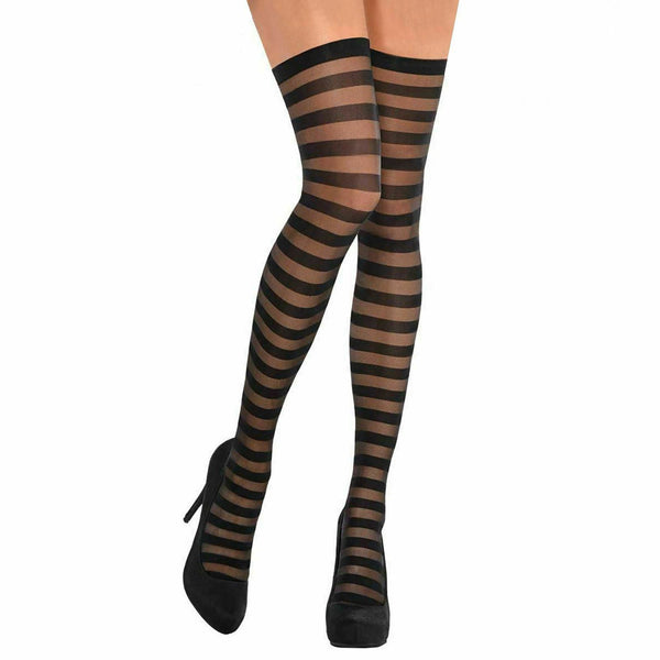 Women's Striped Black Thigh High Stockings