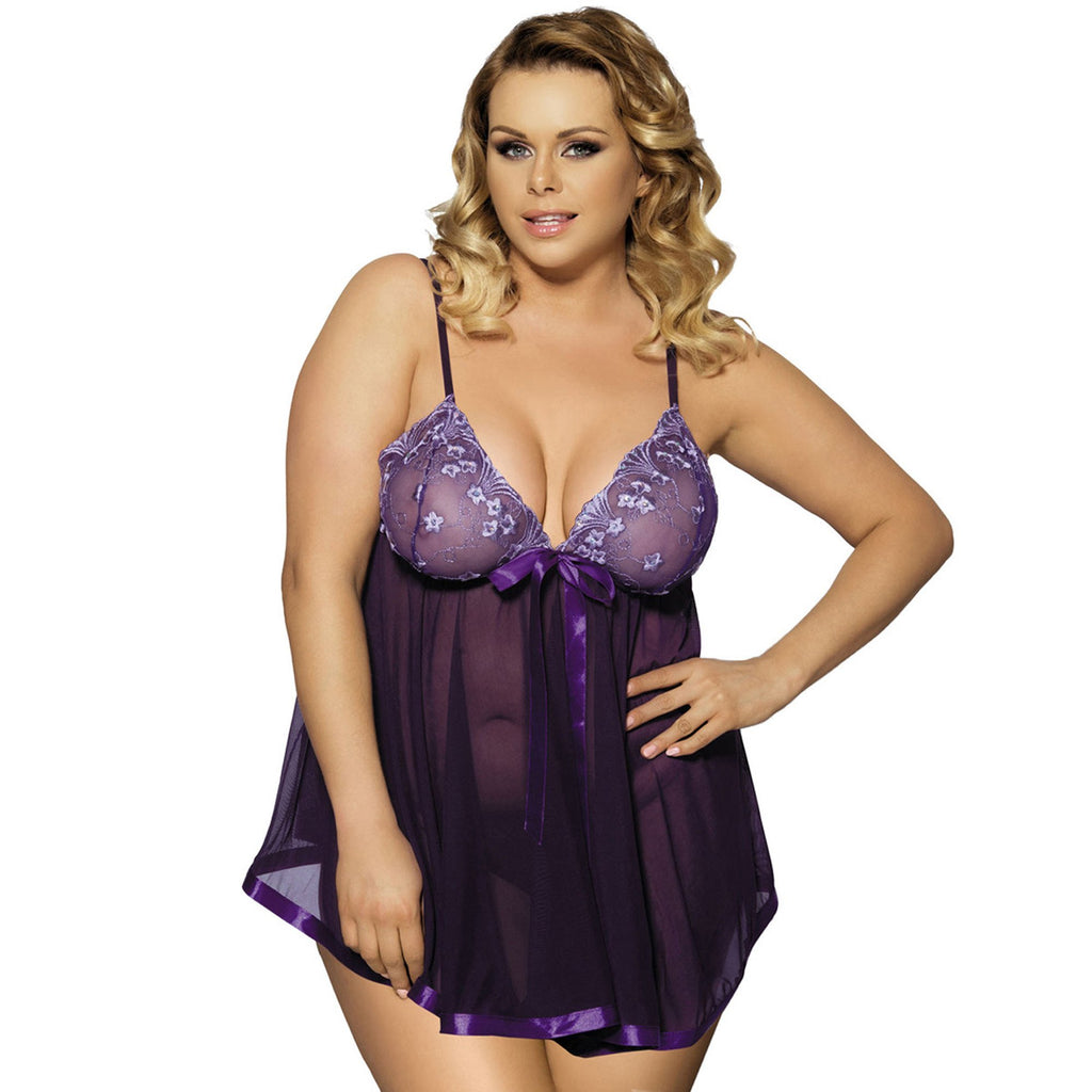 Purple Plus Size Embroidered Babydoll Nightdress
