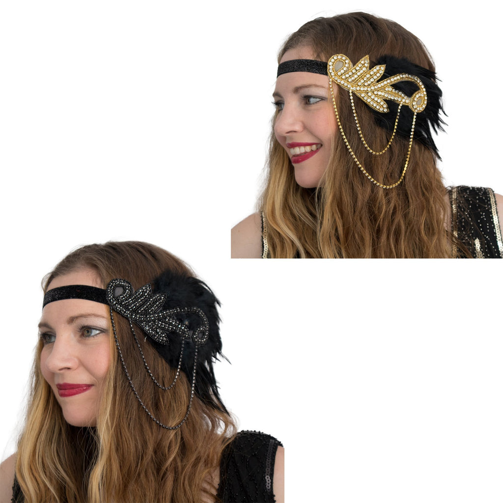 feather flapper gatsby fancy dress halloween party charleston peaky blinders costume outfit evening wear chicago vintage gold black fascinator headwear crystal UK cocktail accessories headpiece set hair girl headbands roaring 20s charleston headdress