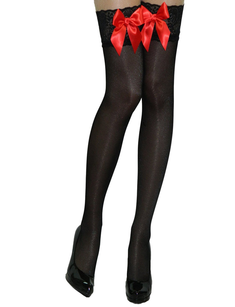 Black Opaque Thigh High Lace Stockings Red Bows For Suspenders