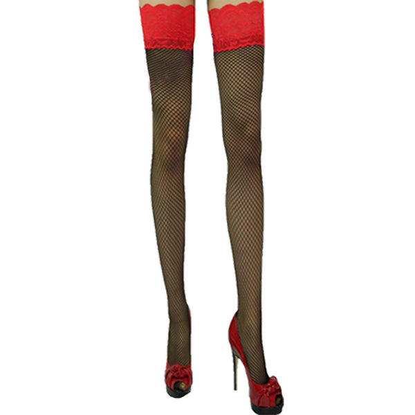 Women's Black Fishnet Stockings with Red Lace Tops