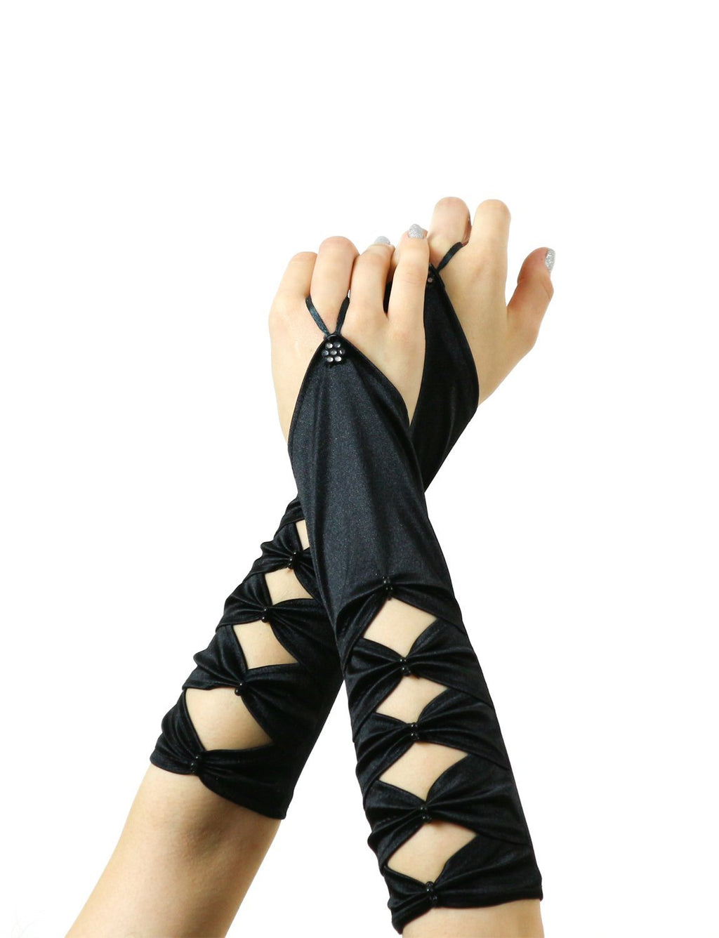Black Satin Fingerless Elbow Length Peek-a-boo Gloves with Gems