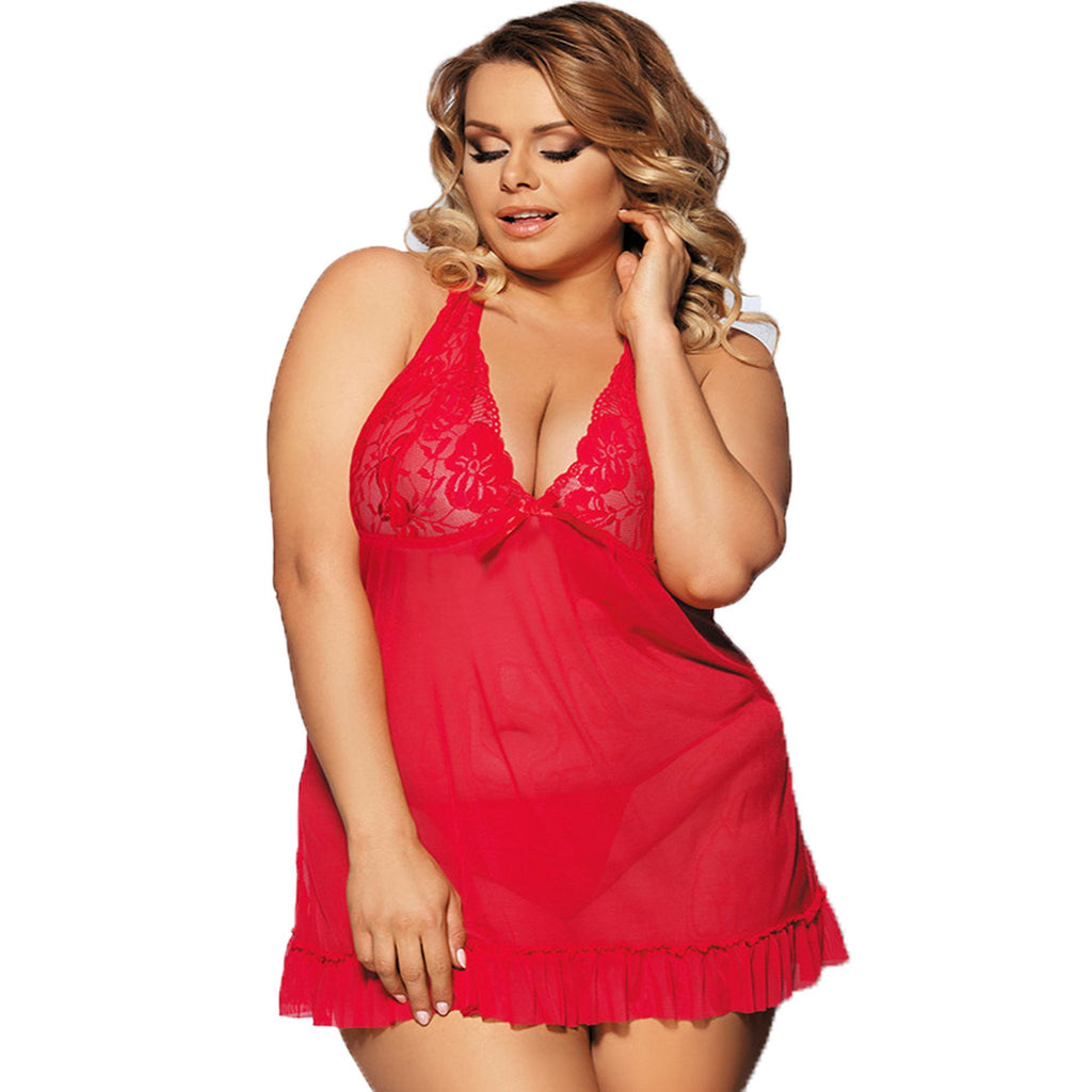 Red Plus Size Romantic Lace Babydoll 