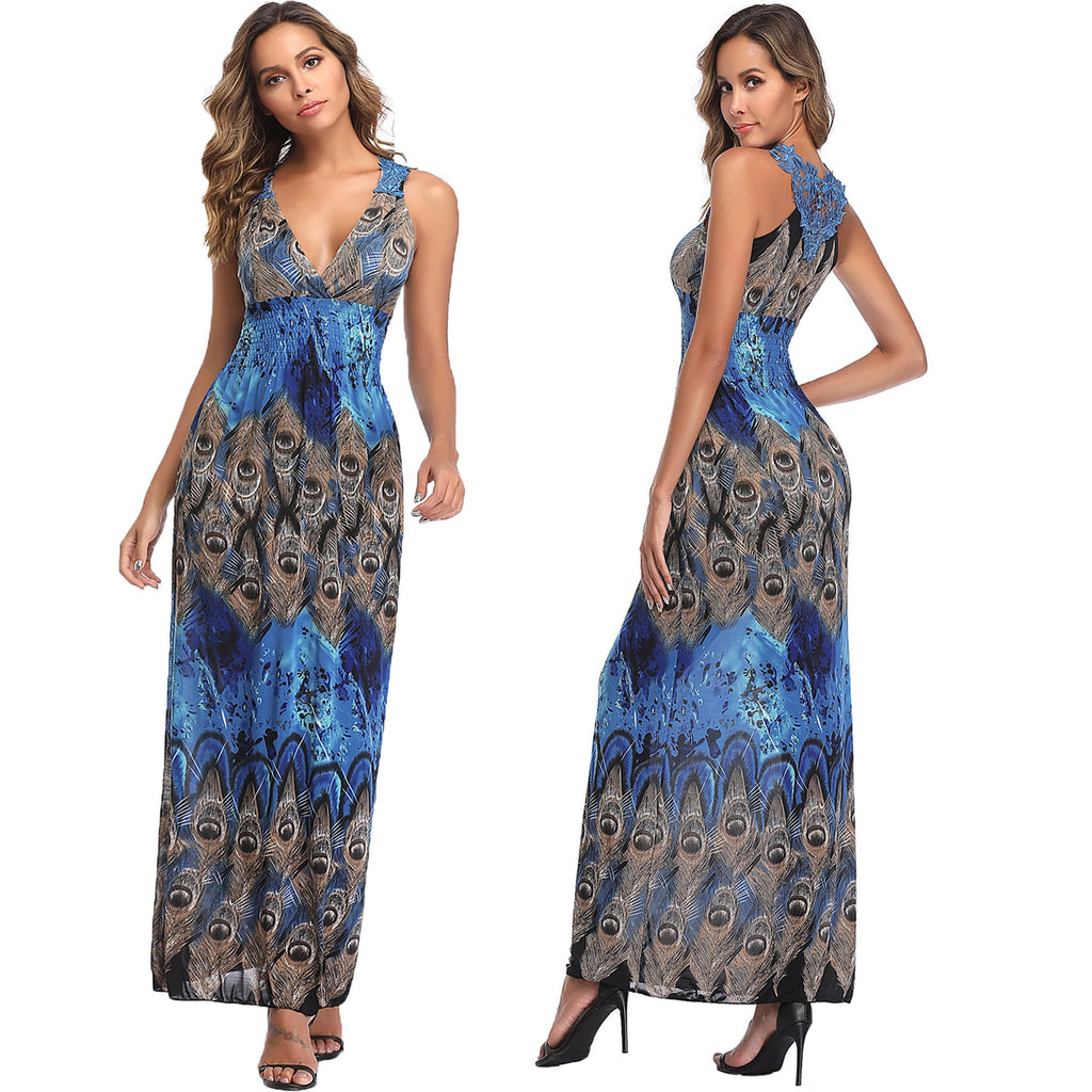 Yummy Bee Ladies Bohemian Blue Maxi Summer Dress