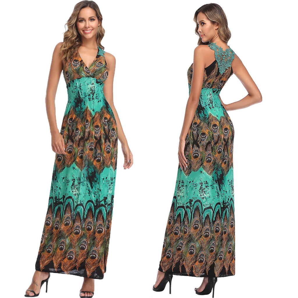 Yummy Bee Ladies Bohemian Green Maxi Summer Dress